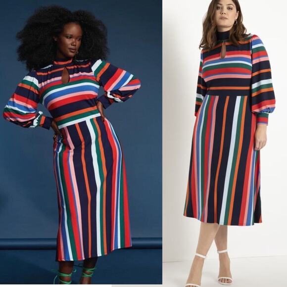 NEW Eloquii Women's Plus A-Line Midi Dress Puff Sleeves Rainbow Stripes Size 22 - Picture 1 of 8
